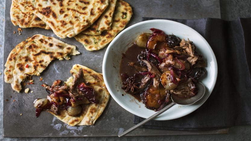 Shredded duck with plums and chilli flatbread image