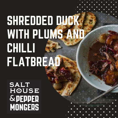 Shredded duck with plums and chilli flatbread